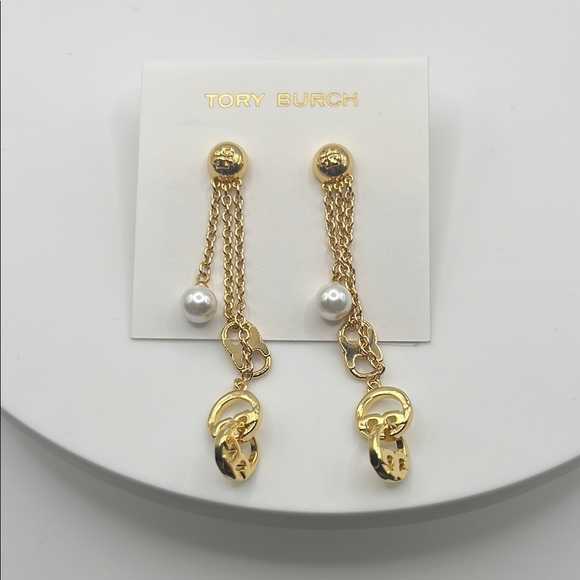195. Tory Burch Gold Chain Pearl Earrings - Picture 1 of 3